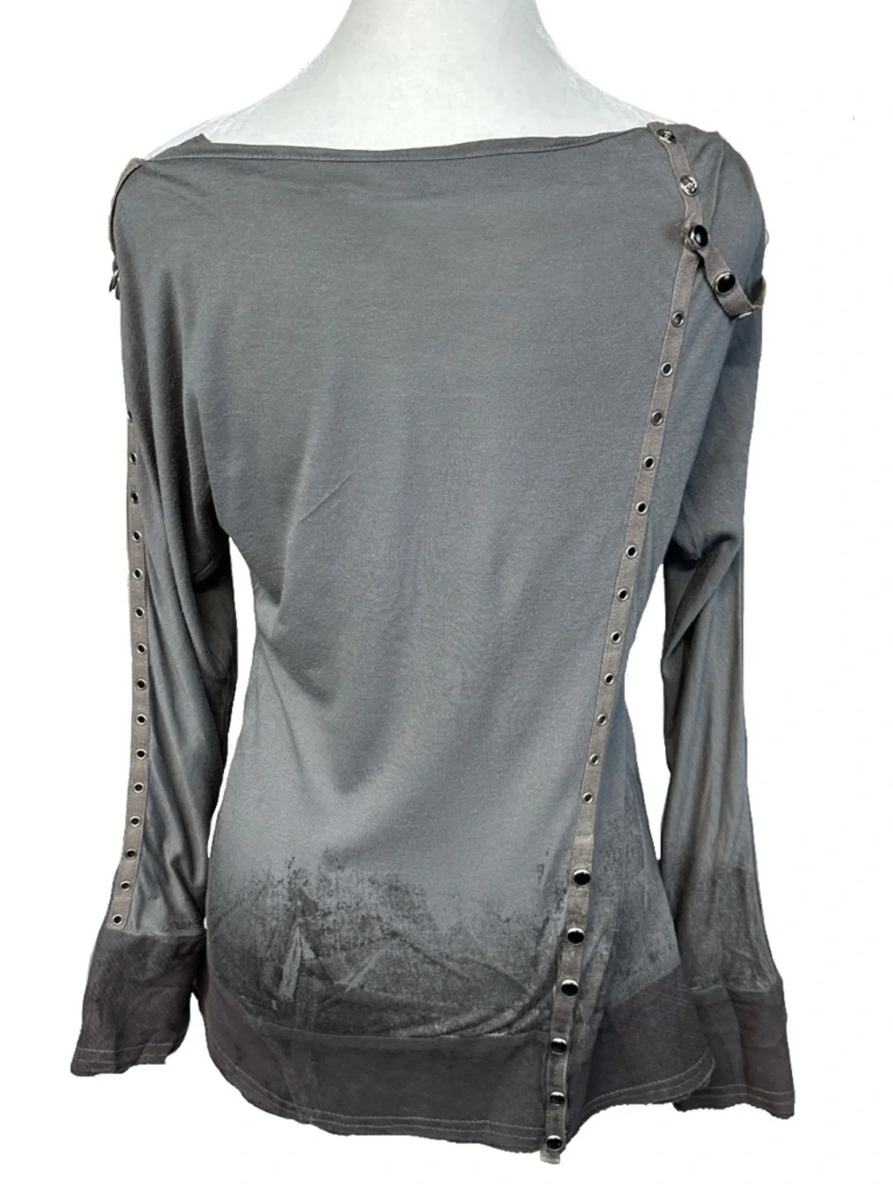Salvage Y2K Grunge Gray Snap Button Rocker Punk Rivet Thrashed Thin Top XS - Picture 3 of 16
